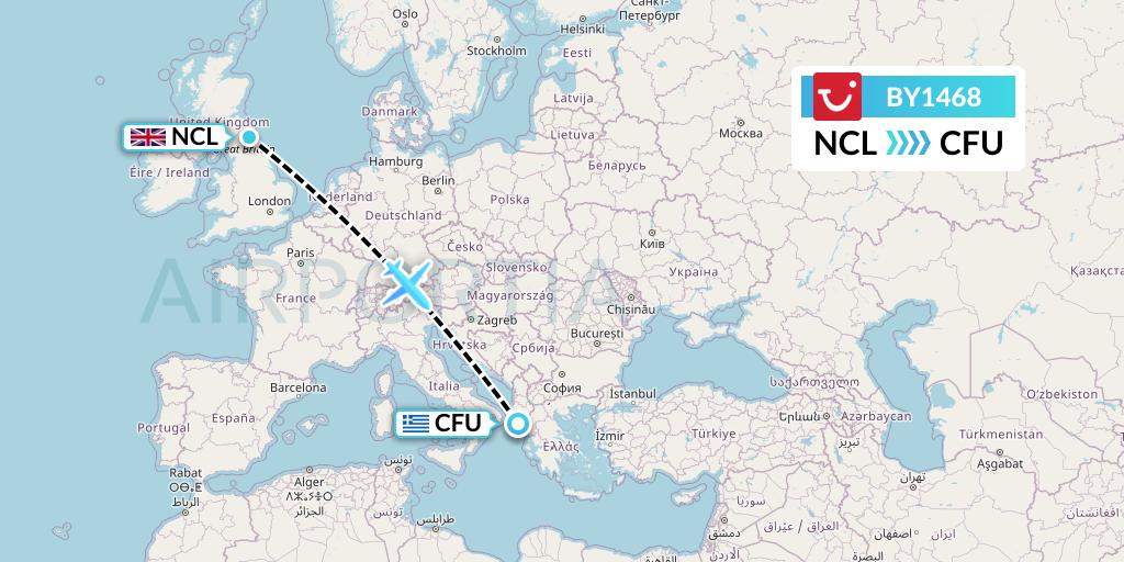 BY1468 TUI Airways Flight Map: Newcastle to Corfu