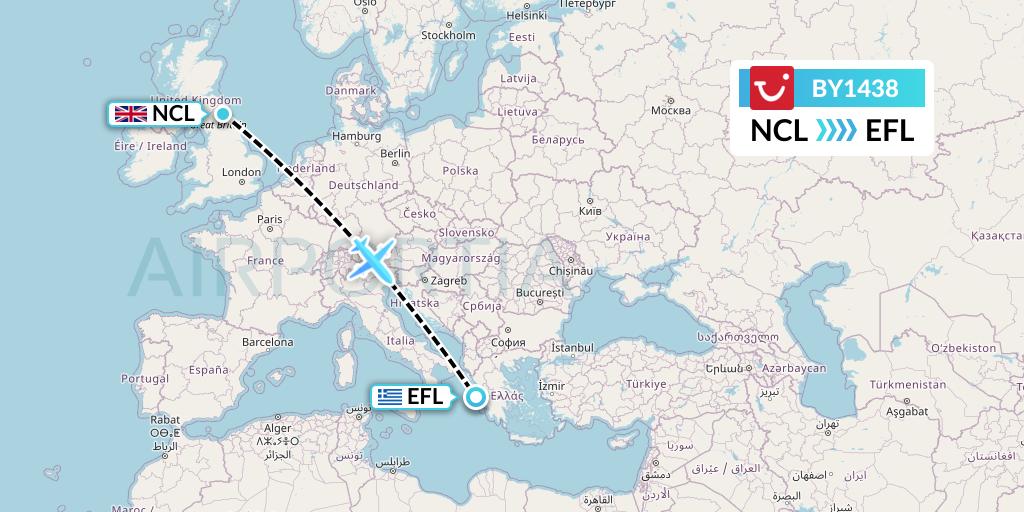 BY1438 TUI Airways Flight Map: Newcastle to Kefalonia