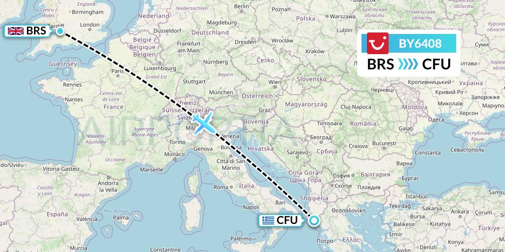 BY6408 TUI Airways Flight Map: Bristol to Corfu