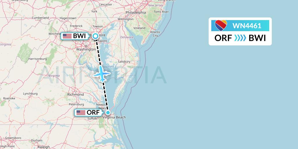 WN4461 Southwest Airlines Flight Map: Norfolk to Baltimore