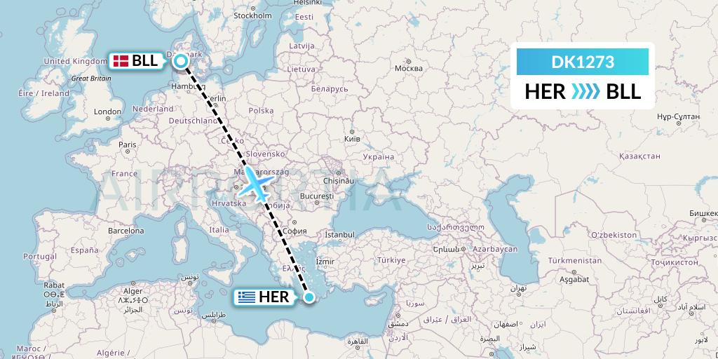 DK1273 Thomas Cook Airlines Scandinavia Flight Map: Heraklion to Billund