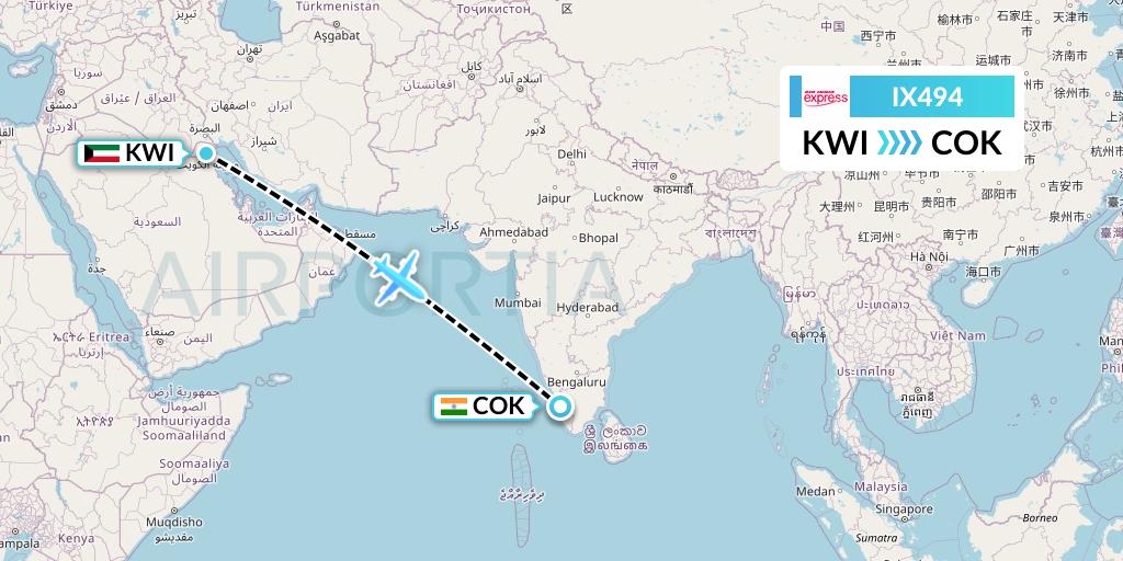 IX494 Air India Express Flight Map: Kuwait City to Cochin