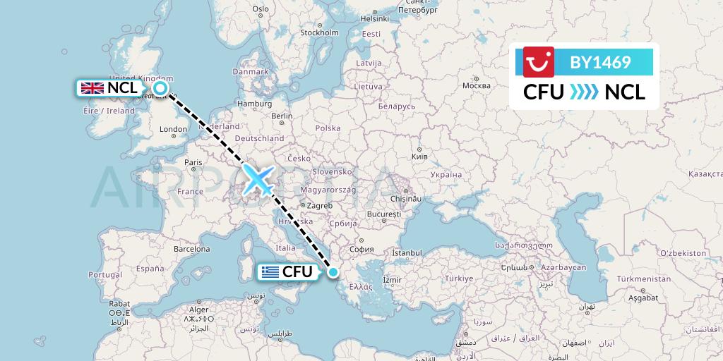 BY1469 TUI Airways Flight Map: Corfu to Newcastle