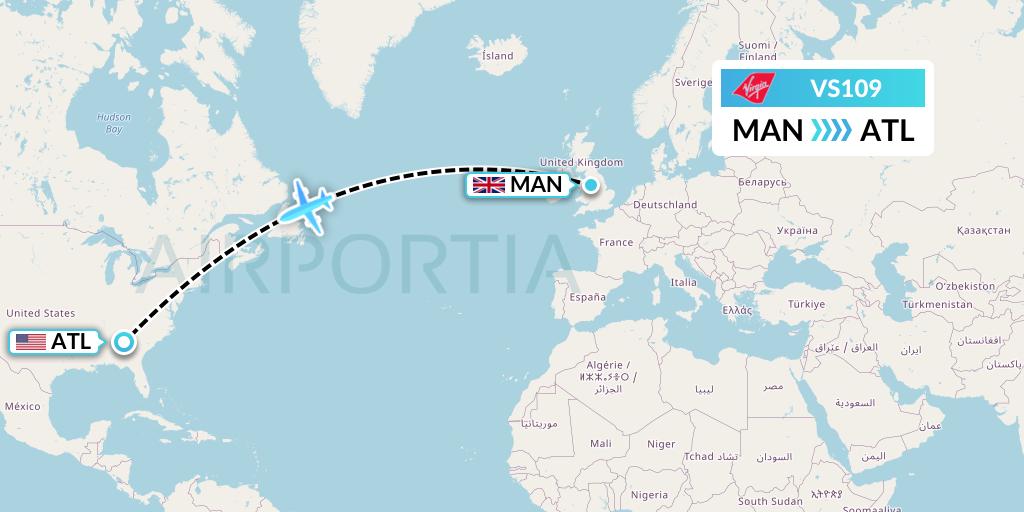 VS109 Virgin Atlantic Airways Flight Map: Manchester to Atlanta