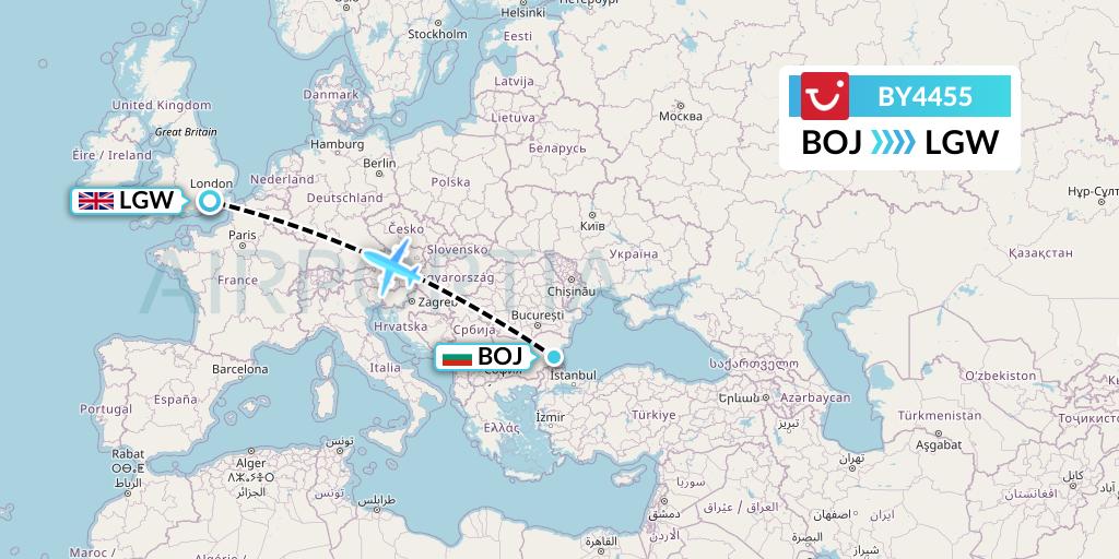 BY4455 TUI Airways Flight Map: Burgas to London