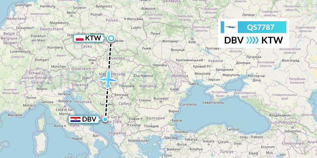 QS7787 Smartwings Flight Map: Dubrovnik to Katowice