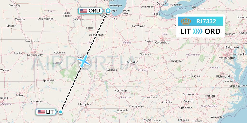 RJ7332 Royal Jordanian Flight Map: Little Rock to Chicago