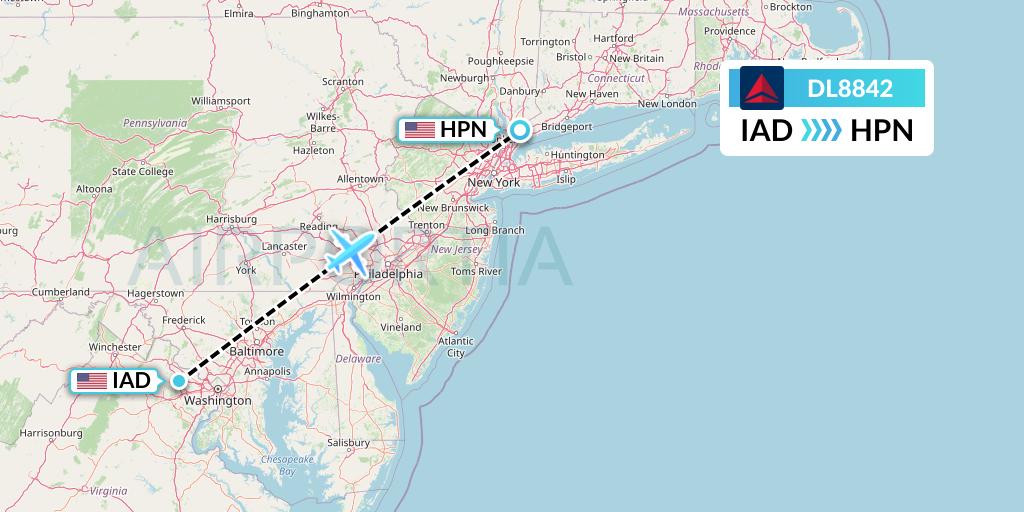 DL8842 Delta Air Lines Flight Map: Washington to White Plains