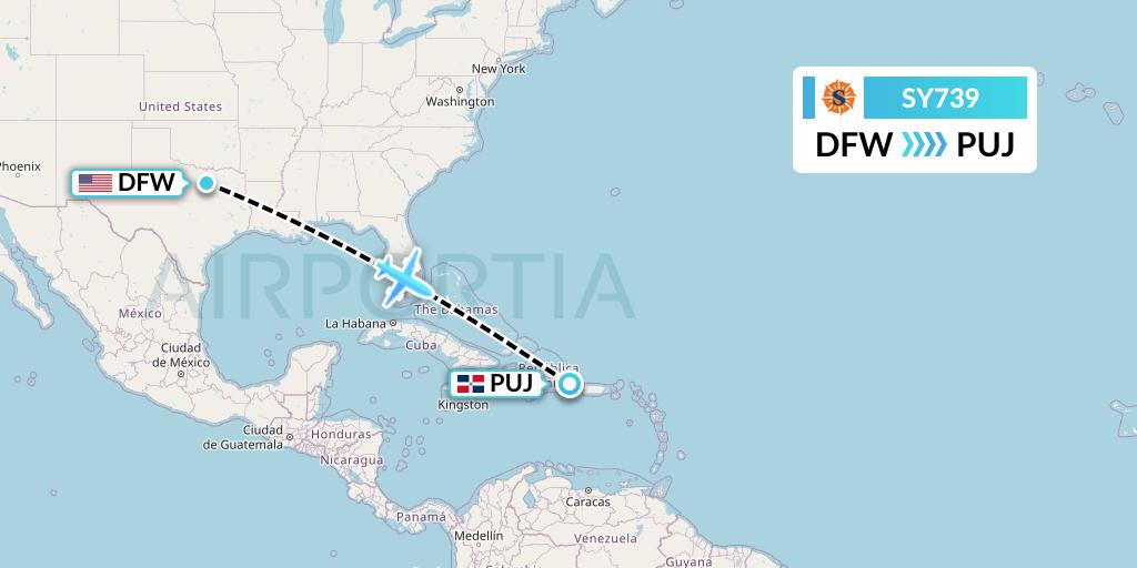 SY739 Sun Country Airlines Flight Map: Dallas to Punta Cana