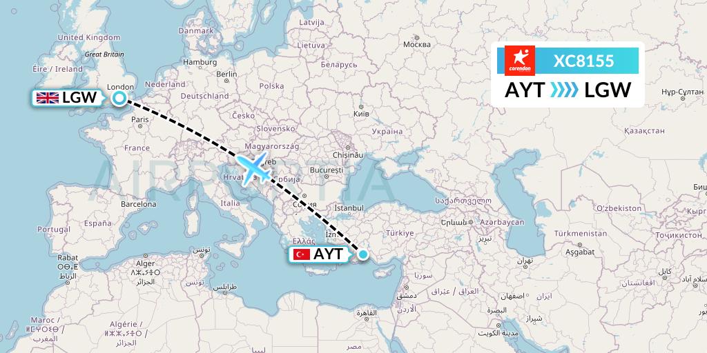 XC8155 Corendon Airlines Flight Map: Antalya to London