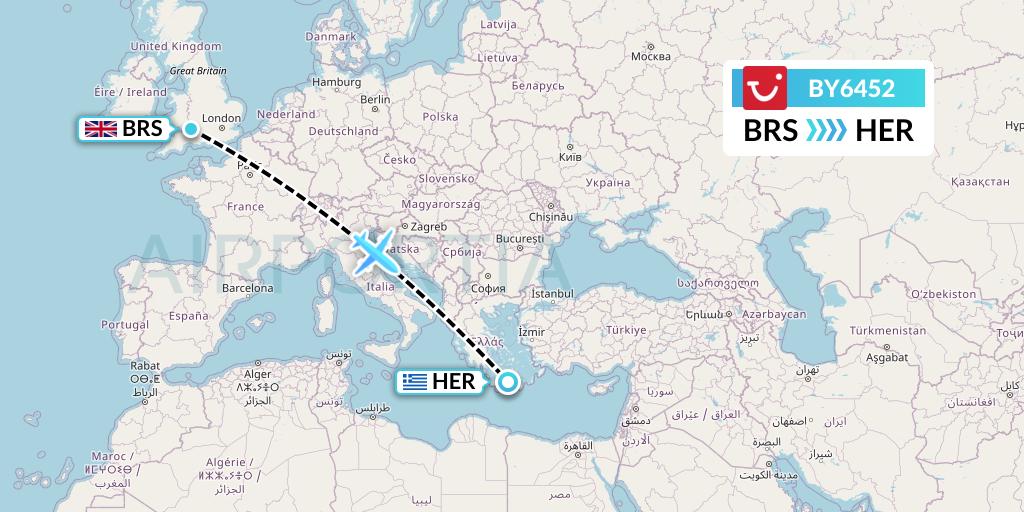 BY6452 TUI Airways Flight Map: Bristol to Heraklion