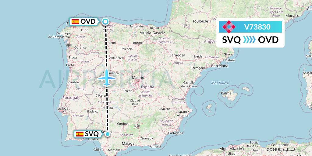 V73830 Volotea Flight Map: Seville to Asturias