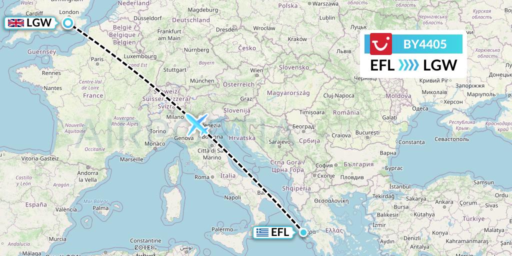 BY4405 TUI Airways Flight Map: Kefalonia to London