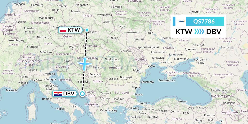 QS7786 Smartwings Flight Map: Katowice to Dubrovnik