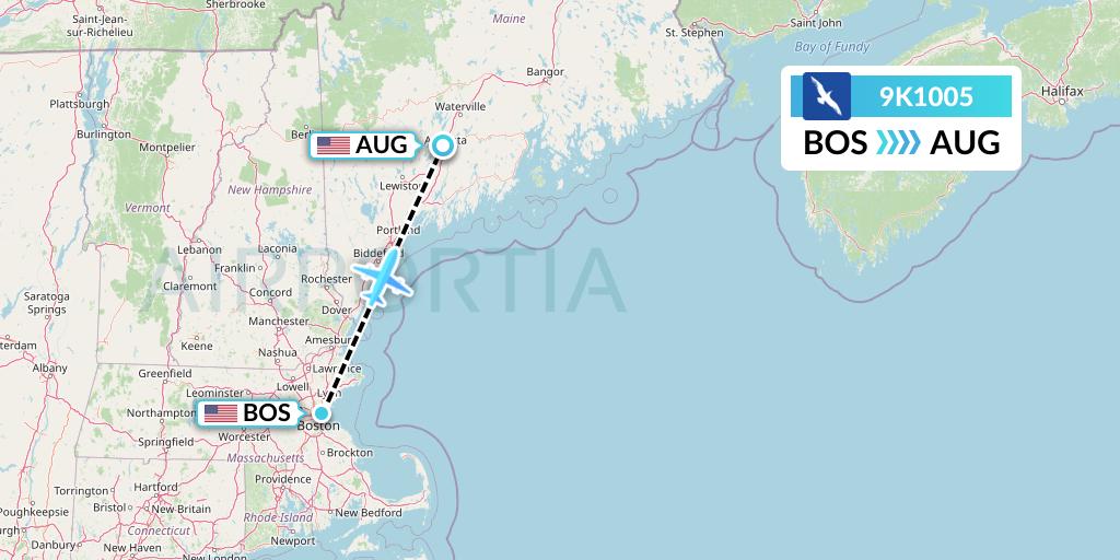 9K1005 Cape Air Flight Map: Boston to Augusta