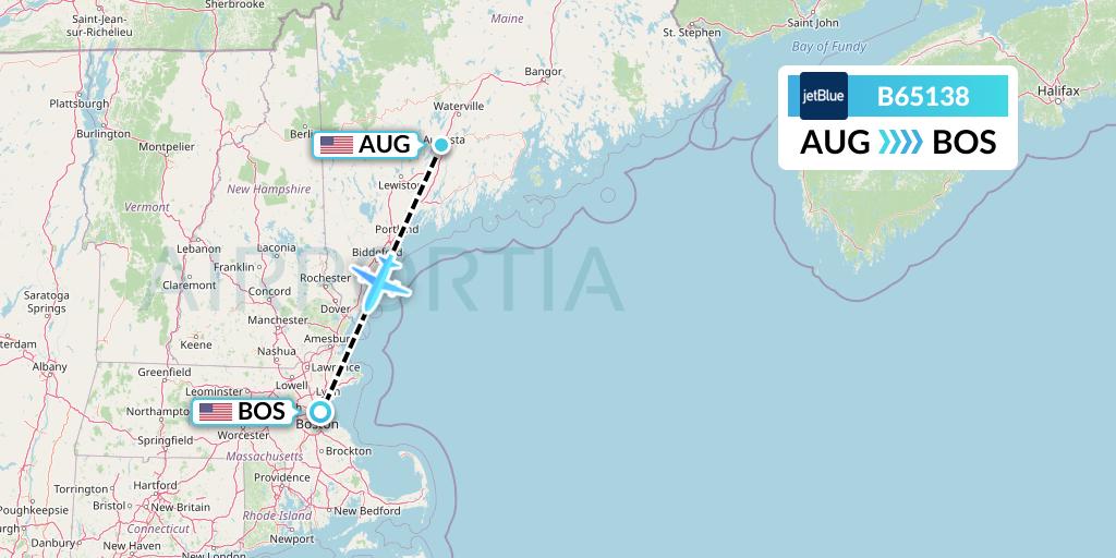 B65138 JetBlue Airways Flight Map: Augusta to Boston