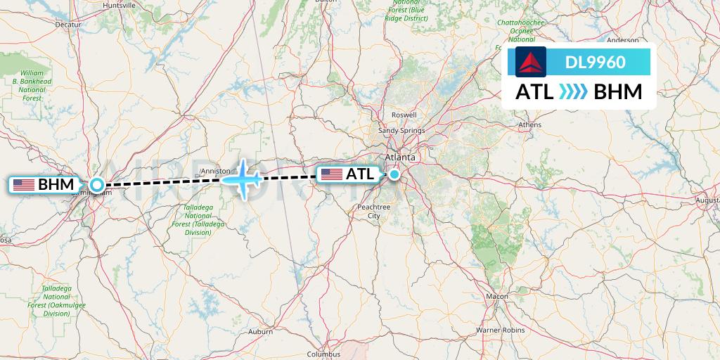 DL9960 Delta Air Lines Flight Map: Atlanta to Birmingham