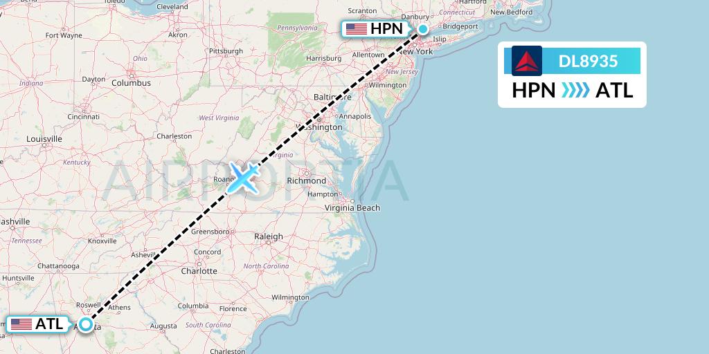 DL8935 Delta Air Lines Flight Map: White Plains to Atlanta