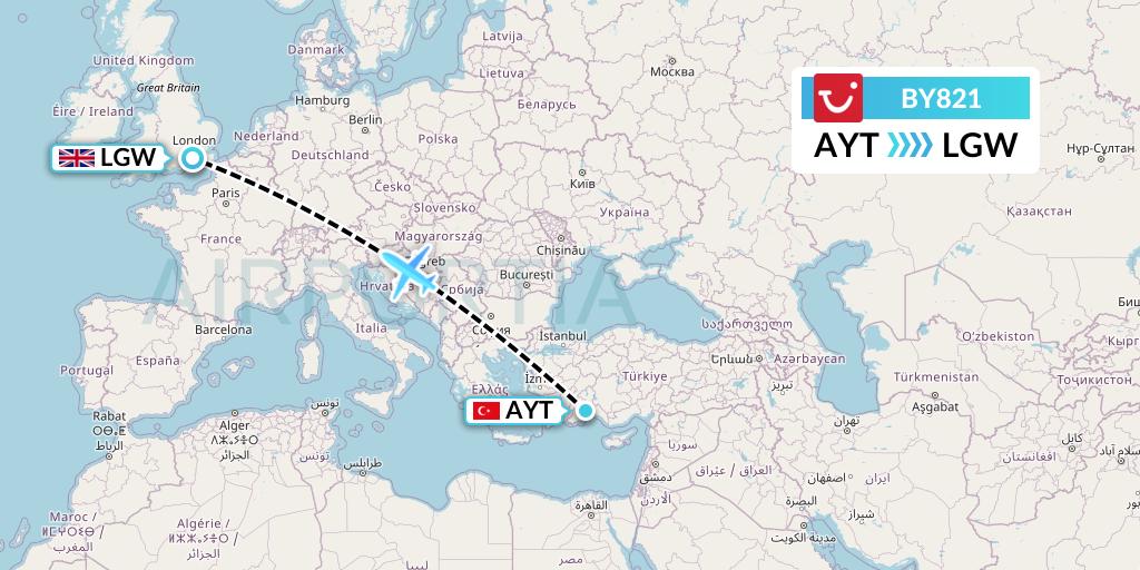 BY821 TUI Airways Flight Map: Antalya to London