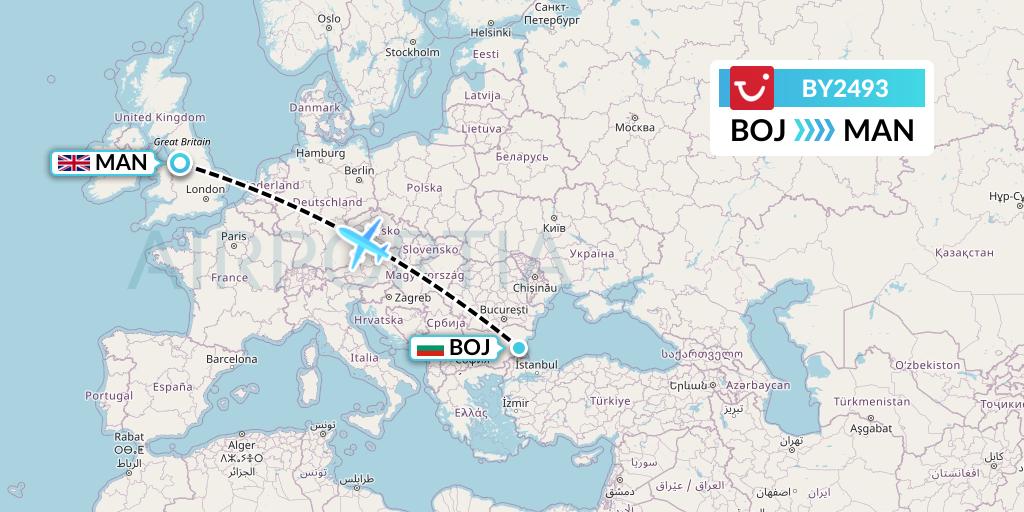 BY2493 TUI Airways Flight Map: Burgas to Manchester