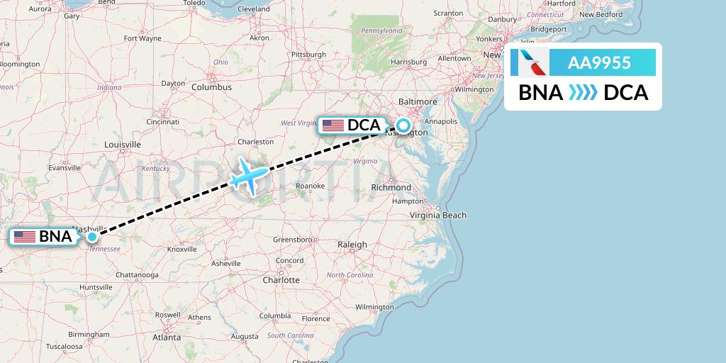 AA9955 American Airlines Flight Map: Nashville to Washington