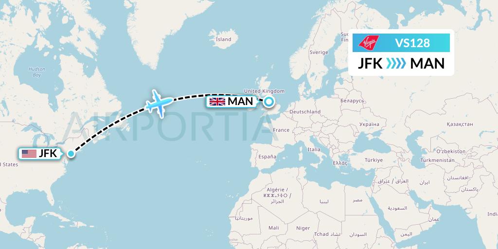 VS128 Virgin Atlantic Airways Flight Map: New York to Manchester