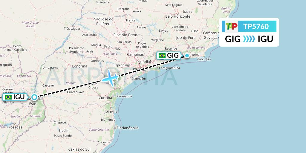 TP5760 TAP Portugal Flight Map: Rio de Janeiro to Foz do Iguacu