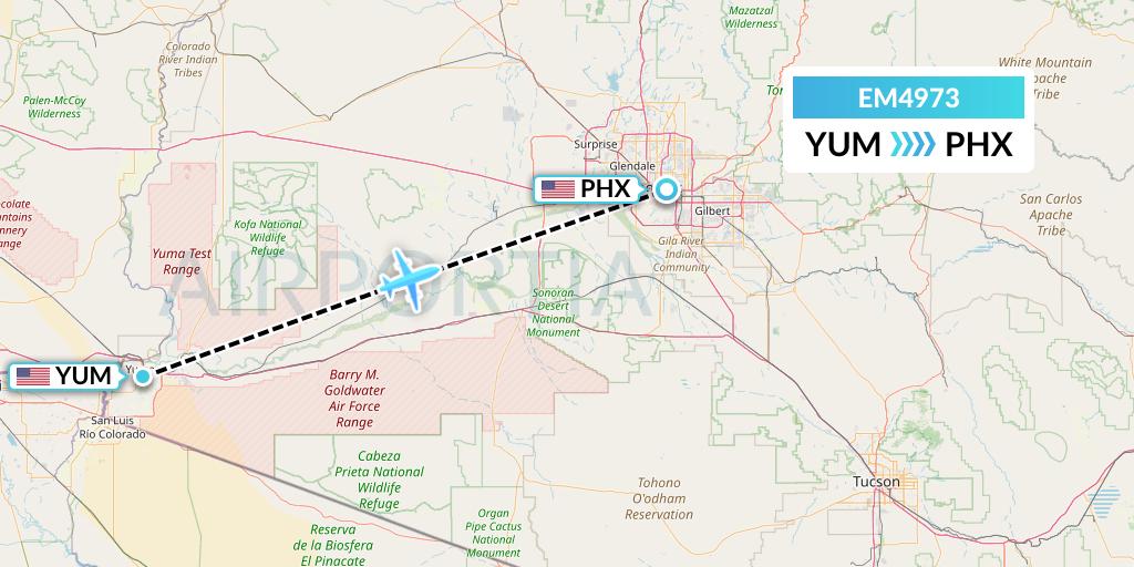 EM4973 Empire Airlines Flight Map: Yuma to Phoenix