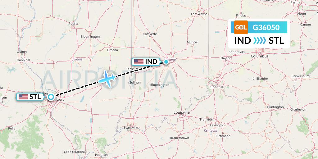 G36050 GOL Transportes Aeros Flight Map: Indianapolis to St. Louis