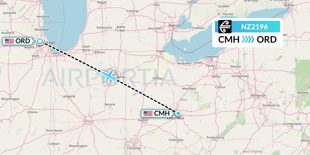 NZ2196 Air New Zealand Flight Map: Columbus to Chicago