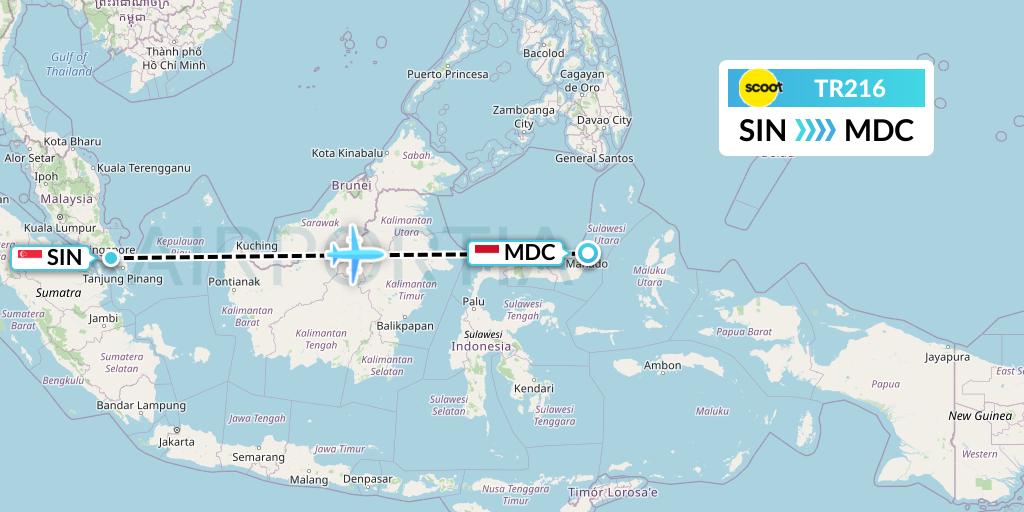 TR216 Tigerair Flight Map: Singapore to Manado