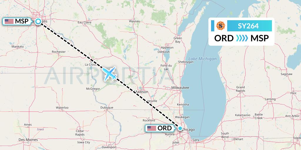 SY264 Sun Country Airlines Flight Map: Chicago to Minneapolis