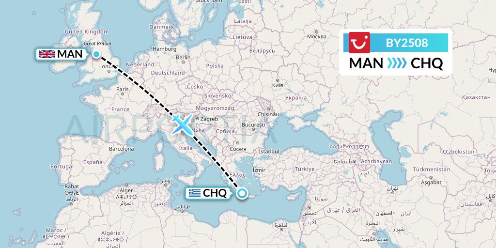 BY2508 TUI Airways Flight Map: Manchester to Chania
