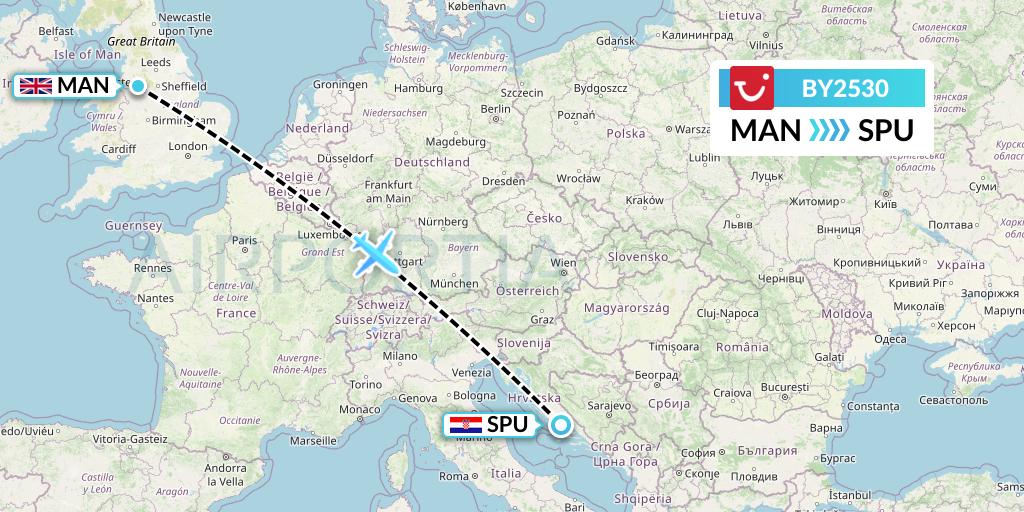 BY2530 TUI Airways Flight Map: Manchester to Split