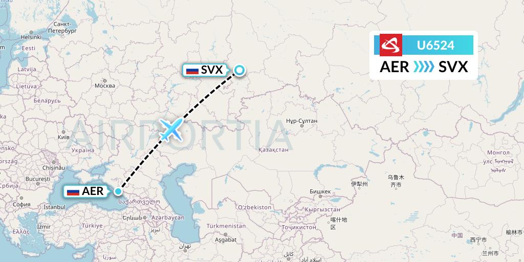 U6524 Ural Airlines Flight Map: Sochi to Yekaterinburg