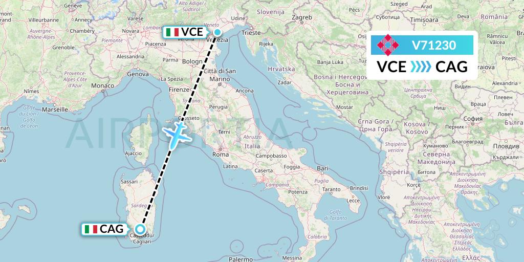 V71230 Volotea Flight Map: Venice to Cagliari