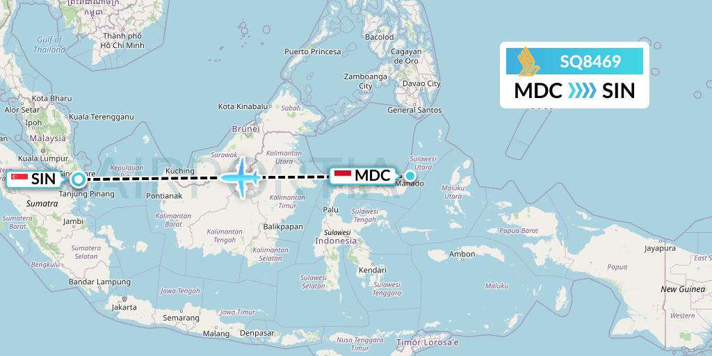 SQ8469 Singapore Airlines Flight Map: Manado to Singapore