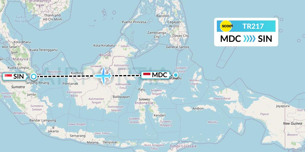 TR217 Tigerair Flight Map: Manado to Singapore