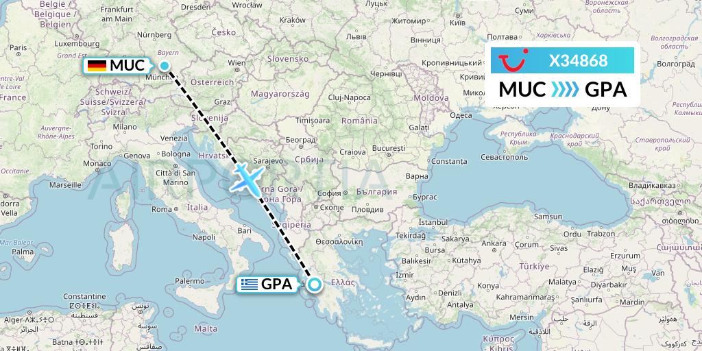 X34868 TUI fly Germany Flight Map: Munich to Patras