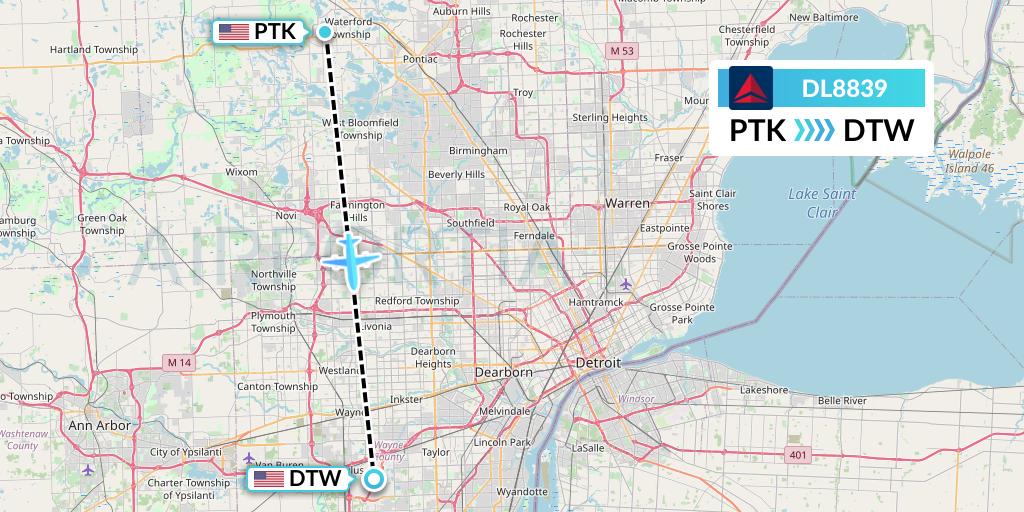 DL8839 Delta Air Lines Flight Map: Oakland County to Detroit