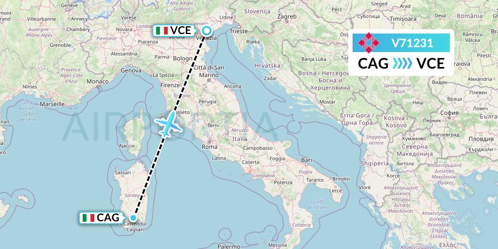V71231 Volotea Flight Map: Cagliari to Venice