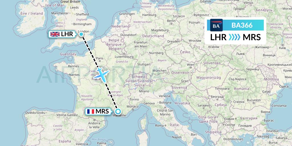 BA366 British Airways Flight Map: London to Marseille