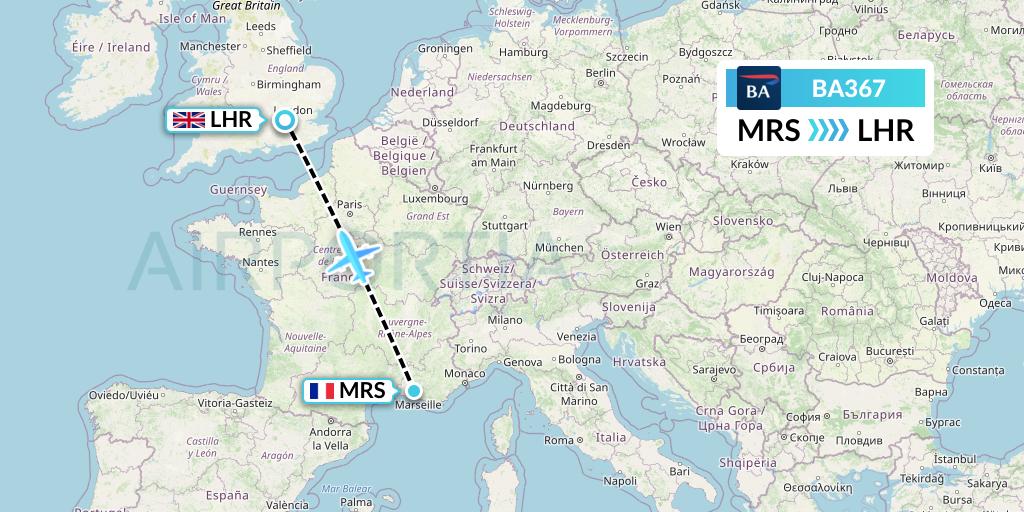 BA367 British Airways Flight Map: Marseille to London
