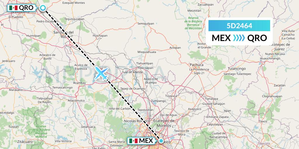 5D2464 Aeromexico Connect Flight Map: Mexico City to Queretaro