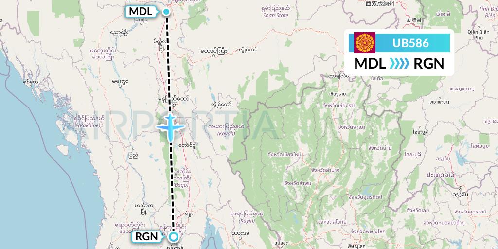 UB586 Myanmar National Airlines Flight Map: Mandalay to Yangon