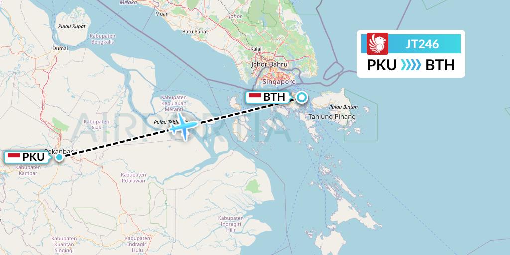 JT246 Lion Airlines Flight Map: Pekanbaru to Batam