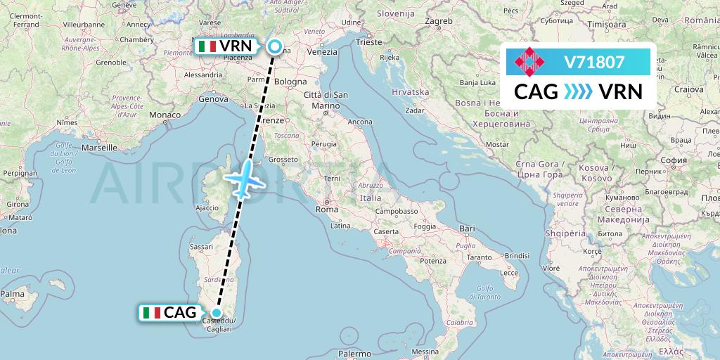 V71807 Volotea Flight Map: Cagliari to Verona