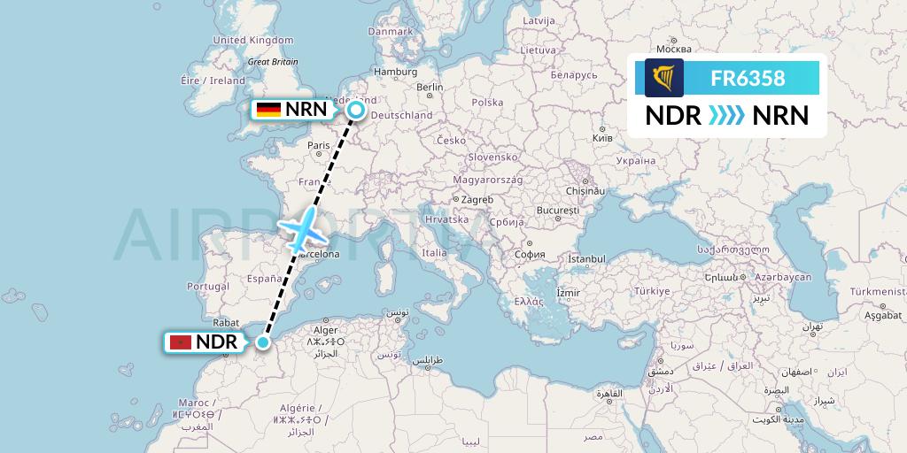FR6358 Ryanair Flight Map: Nador to Weeze