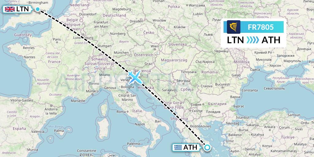 FR7805 Ryanair Flight Map: London to Athens
