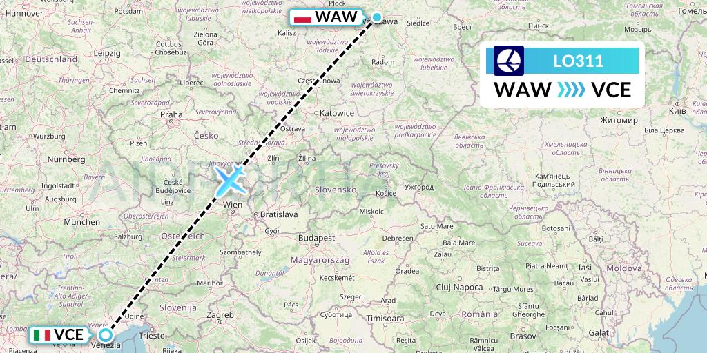LO311 LOT Flight Map: Warsaw to Venice
